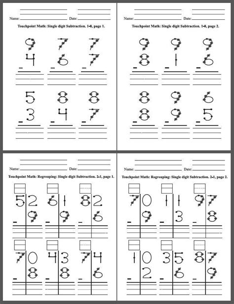 Find free printable subtraction worksheets for kids! Touchpoint Subtraction Worksheets in 2020 | Math subtraction worksheets, Subtraction worksheets ...