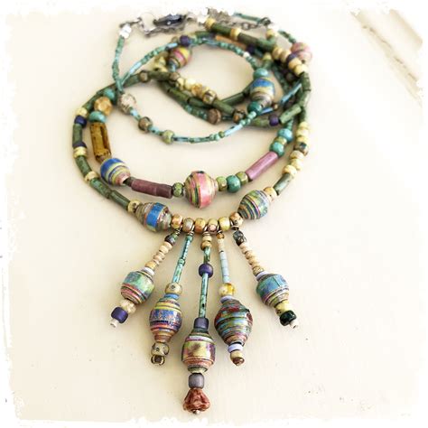 Handmade Boho Strand Beaded Necklace Mixed Media Hippie In