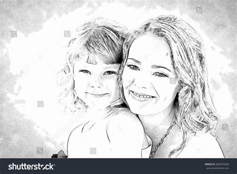Drawing Lovely Blond Mom Daughter Studio Stock Illustration 384370036