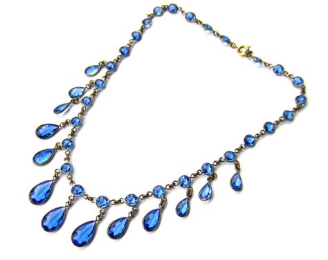 Sold Art Deco Blue Glass Fringe Necklace Brass C 1930 Bavier Brook