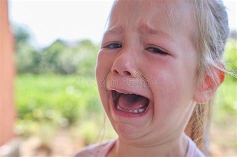 Little Preschool Beautiful Sad Little Girl Crying She Got Hurt Outdoor