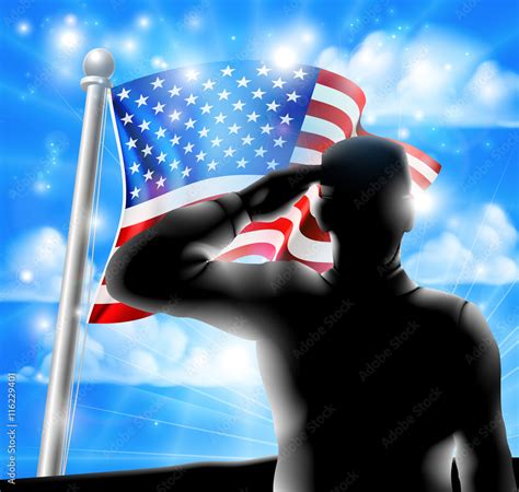 Silhouette Soldier Saluting American Flag Stock Vector Adobe Stock