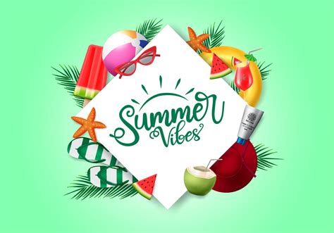 Summer Vibes Vector Banner Template Summer Vibes Text With Beach
