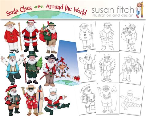 Santa Claus Around The World Digital Clip Art Coloring Pages Etsy