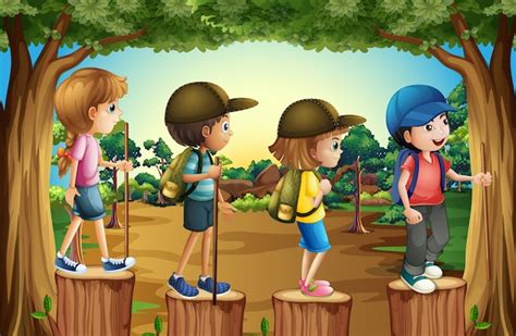 Niños Caminando En El Bosque Vector Premium