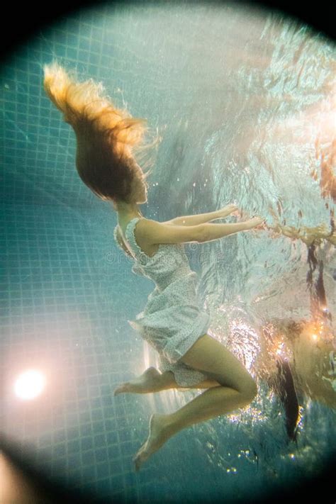 Beautiful Woman Posing Underwater In White Dress Stock Image Image Of