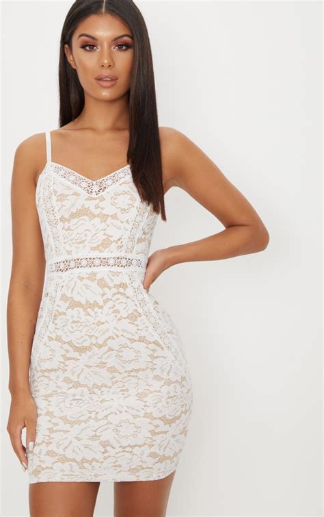 White Strappy Lace Contrast Bodycon Dress Prettylittlething Aus