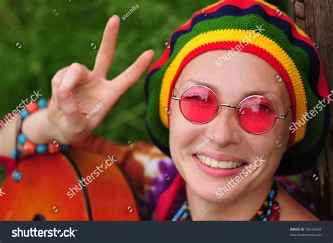 Young Hippie Woman Making Peace Sign Stock Photo 78626602 Shutterstock