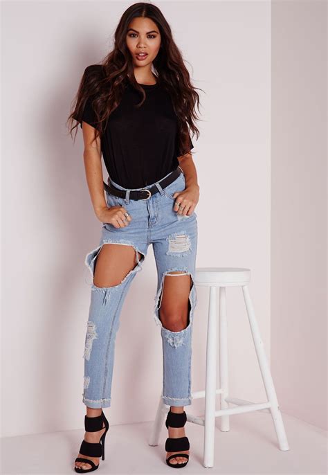 Missguided Extreme Rip Mom Jeans Bleached Blue Designer Jeans For