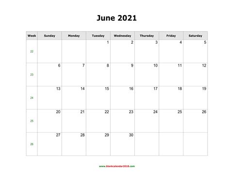 Blank Calendar June 2021 Landscape