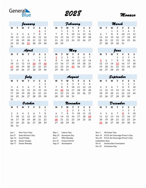 2028 Monaco Calendar With Holidays