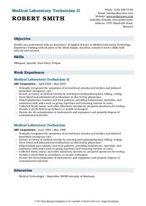 They assist physicians in the diagnosis and treatment of diseases by performing tests on tissue, blood, and other body fluids. Medical Laboratory Technician Resume Samples | QwikResume