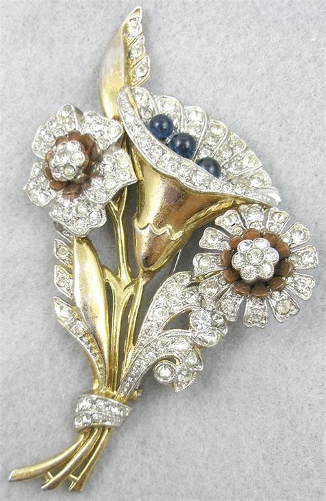 1940 S Golden Rhinestone Floral Brooch Garden Party Collection