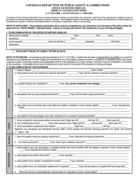 Fillable Medical Examination Form Louisiana Department Of Public