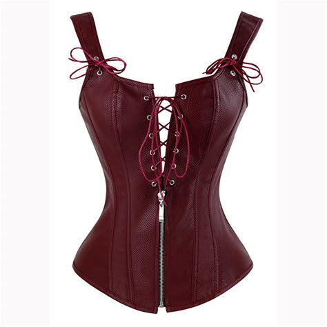 Fashion Wine Red Punk Faux Leather Lace Up Zipper Vest Corset N17085