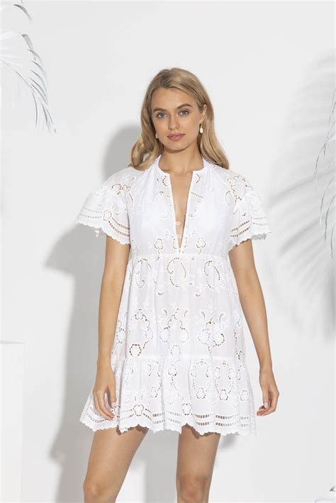 White Chateau Eyelet Ruffled Hem Mini Dress Mini Dress Casual Dress