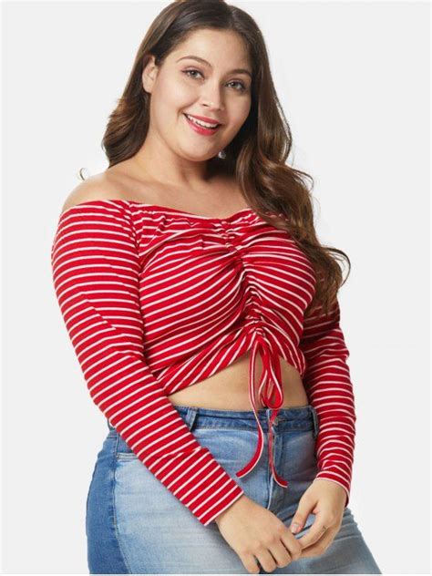 Off Shoulder Plus Size Striped Crop Tee Red 1x Plus Size Curvy