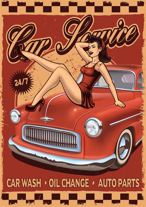 Pin Up Rerto Poster With Girl And Classic Car Download Free Vector