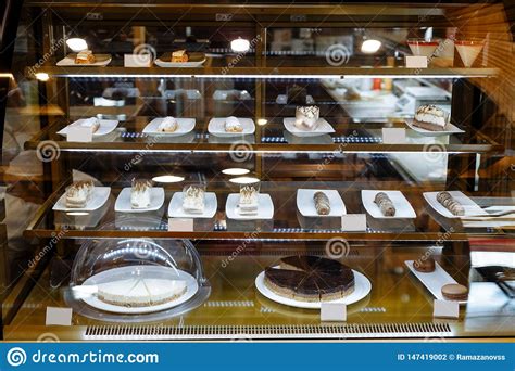 Glass Showcase With A Pastries In The Restaurant Stock Photo Image Of