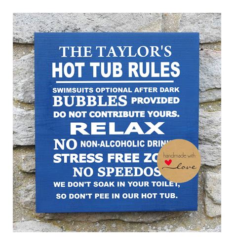 Hot Tub Rules Sign Funny Personalised Jacuzzi Tub Signs Add Etsy In 2021 Funny Signs Hot