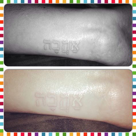 Both arms with hebrew tattoos #21. My beautifully subtle white Hebrew wrist tattoo. Ahavah ...