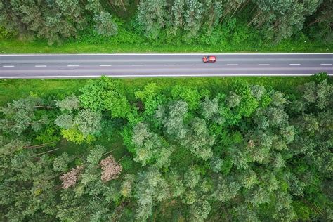 Woods Aerial Symmetric View Road In The Woods Cars Clean Drone