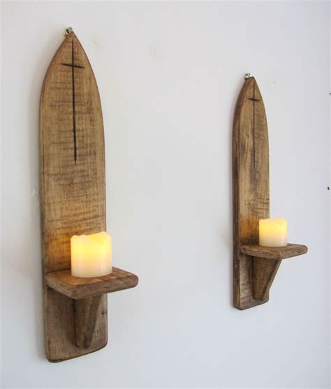 Pair Of 44cm Recycled Pallet Wood Gothic Arch Design Wall Sconce Candle