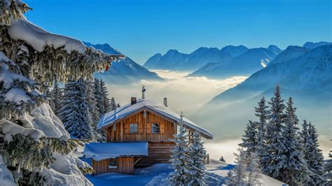 Winter Landscape Wooden House Mountain Pine Tree With White Snow Mist