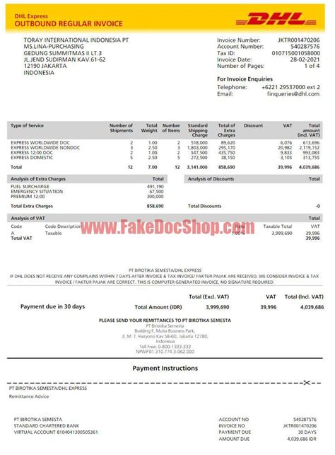 Indonesia Dhl Express Invoice Template In Pdf And Word Format Fakedocshop