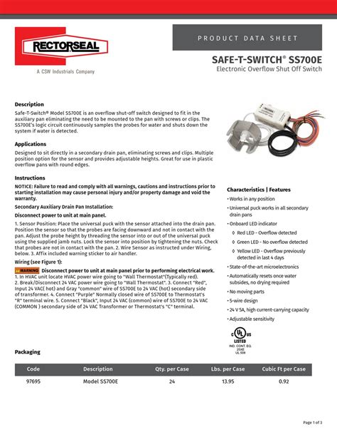 Rectorseal Safe T Switch Ss700e Product Data Sheet Pdf Download