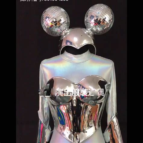 Nightclub Bar Future Technology Mirror Costume Silver Mouse Jumpsuit Women Party Girl Singer