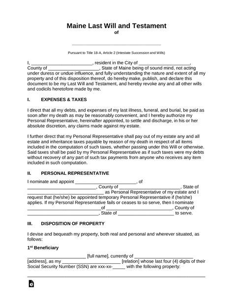 Free Printable Will Forms Maine Tutoreorg Master Of Documents