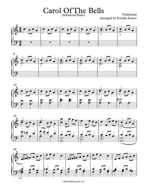 The following 30 christmas carols and songs have a music score with chords + lyrics. Free Piano Arrangement Sheet Music - Carol Of The Bells - Michael Kravchuk