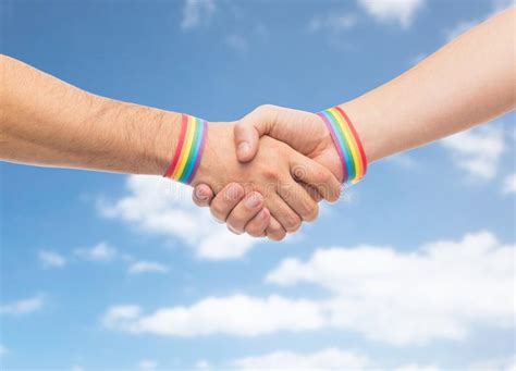 Hands With Gay Pride Wristbands Make Handshake Stock Image Image Of Awareness Male 115884977