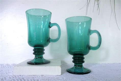 vintage green glass footed mugs with handles emerald green etsy