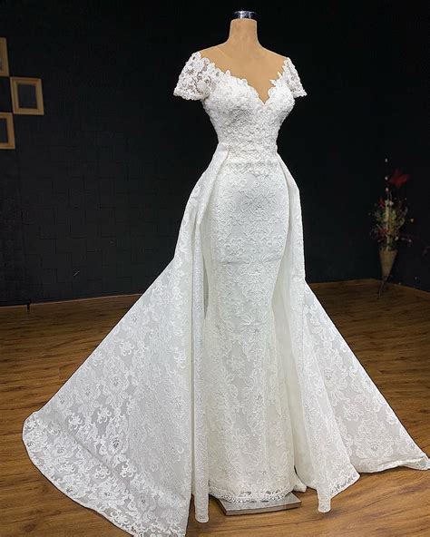 Classy Mermaid Beaded Lace Wedding Dresses With Detachable Train Sheer