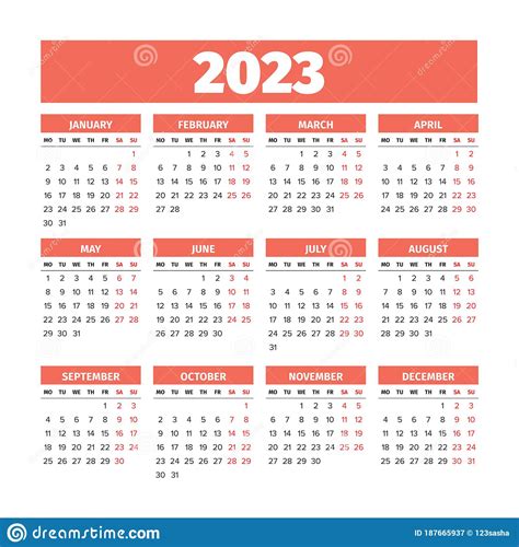 Kalender 2023 Met Weken Vanaf Maandag Vector Illustratie Illustration