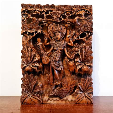 Hand Carved Wooden Hindu Goddess Saraswati Hindu Mandir Sculpture