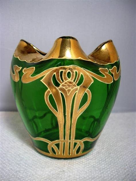 Art Nouveau Bohemian Czech Moser Glass Gilded Gold Green Jugendstil