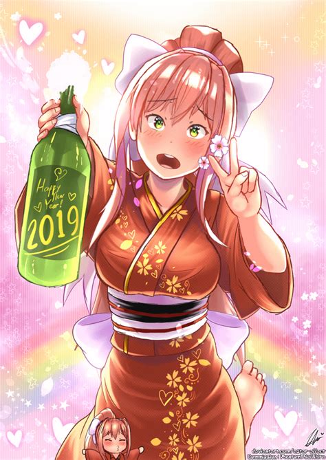 monika has opened a bottle of champagne for you for the new year~ 💚💚💚 by アスター効果 on pixiv r ddlc