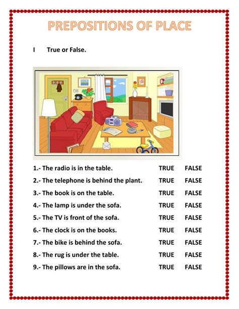 a worksheet with the words prepositions of place in front of a couch