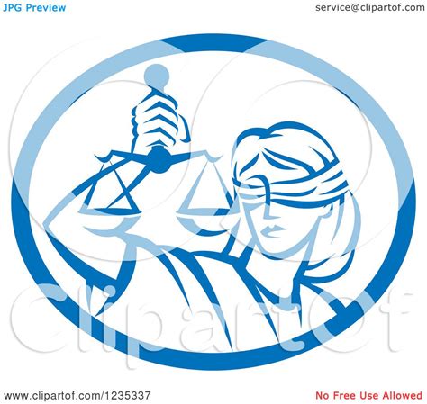 Clipart Of A Retro Blindfolded Lady Justice Holding Scales In A Blue And White Oval Royalty