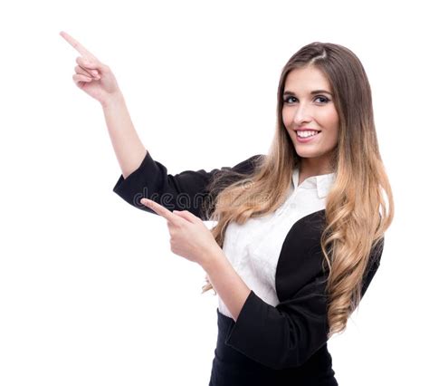 Happy Beautiful Businesswoman Pointing On Something Isolated On White