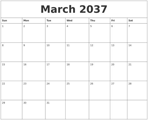 March 2037 Custom Calendar Printing