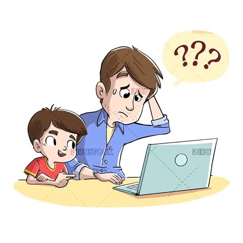 Niño Enseñando A Su Padre A Usar La Computadora Vector