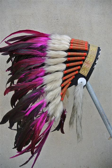 21inch Hot Pink Chief Indian Feather Headdress With Gold Headband