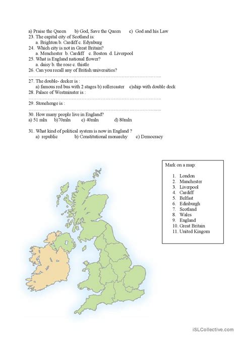 Quiz About The United Kingdom Genera English Esl Worksheets Pdf And Doc
