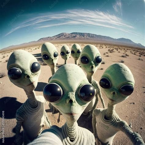 Photorealistic Style Illustration Of Aliens Taking A Selfie In The