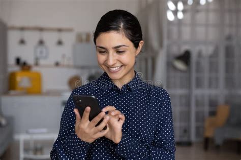 Happy Millennial Indian Girl Young Woman Reading Text Message Stock Image Image Of Video