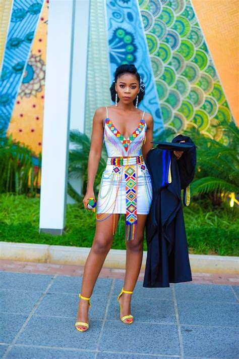 White Graduation Stunning Dress With Colorful Rainbow Beads In The Extrav Zulu Traditional